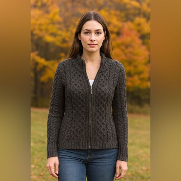 Inis Craft Zippered Cable Knit Cardigan - Green/Gray - Picture 1 of 9